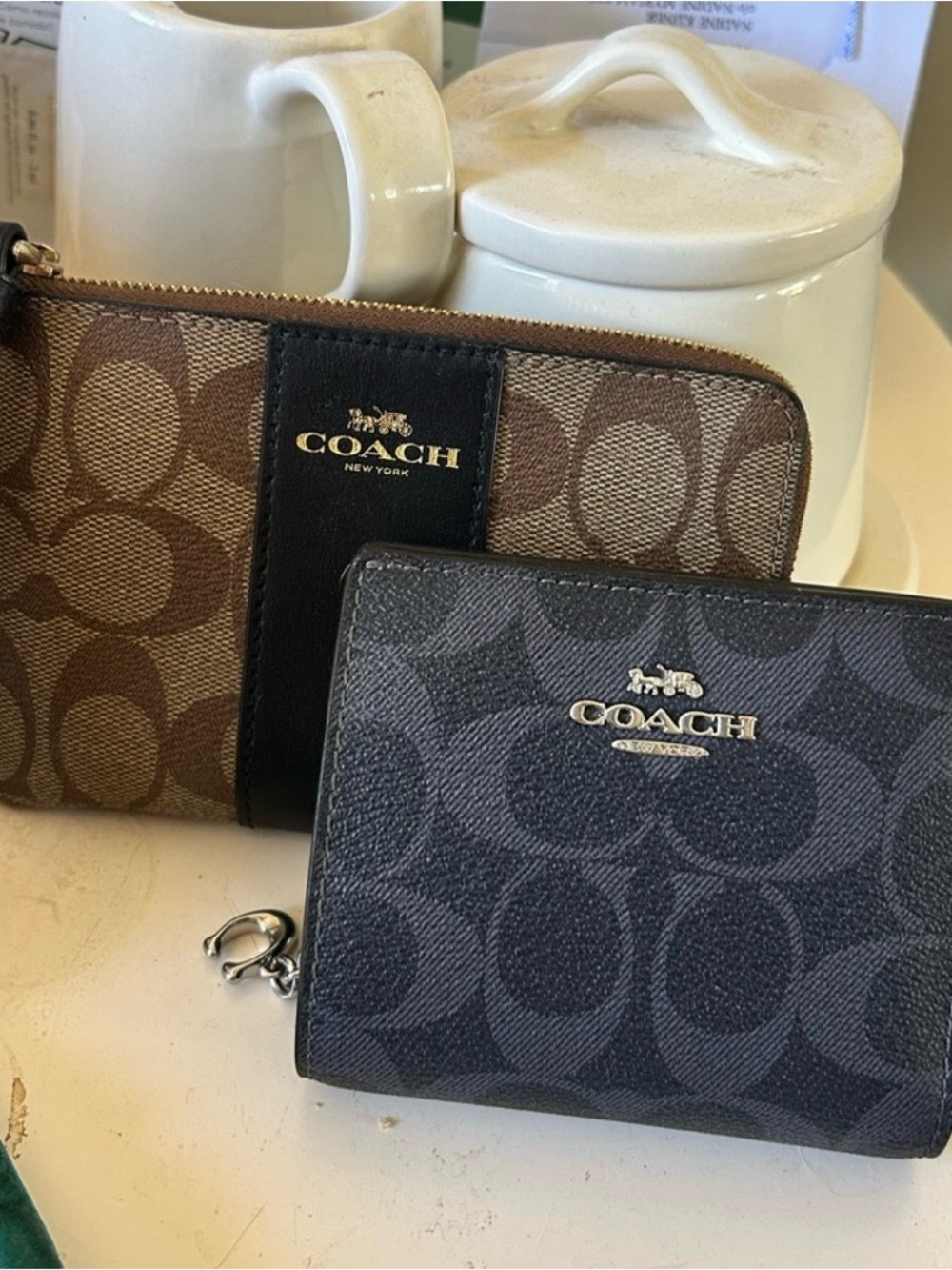COACH Signature Canvas Zip Wristlet & Wallet in Denim blue Set - Brown & Black
